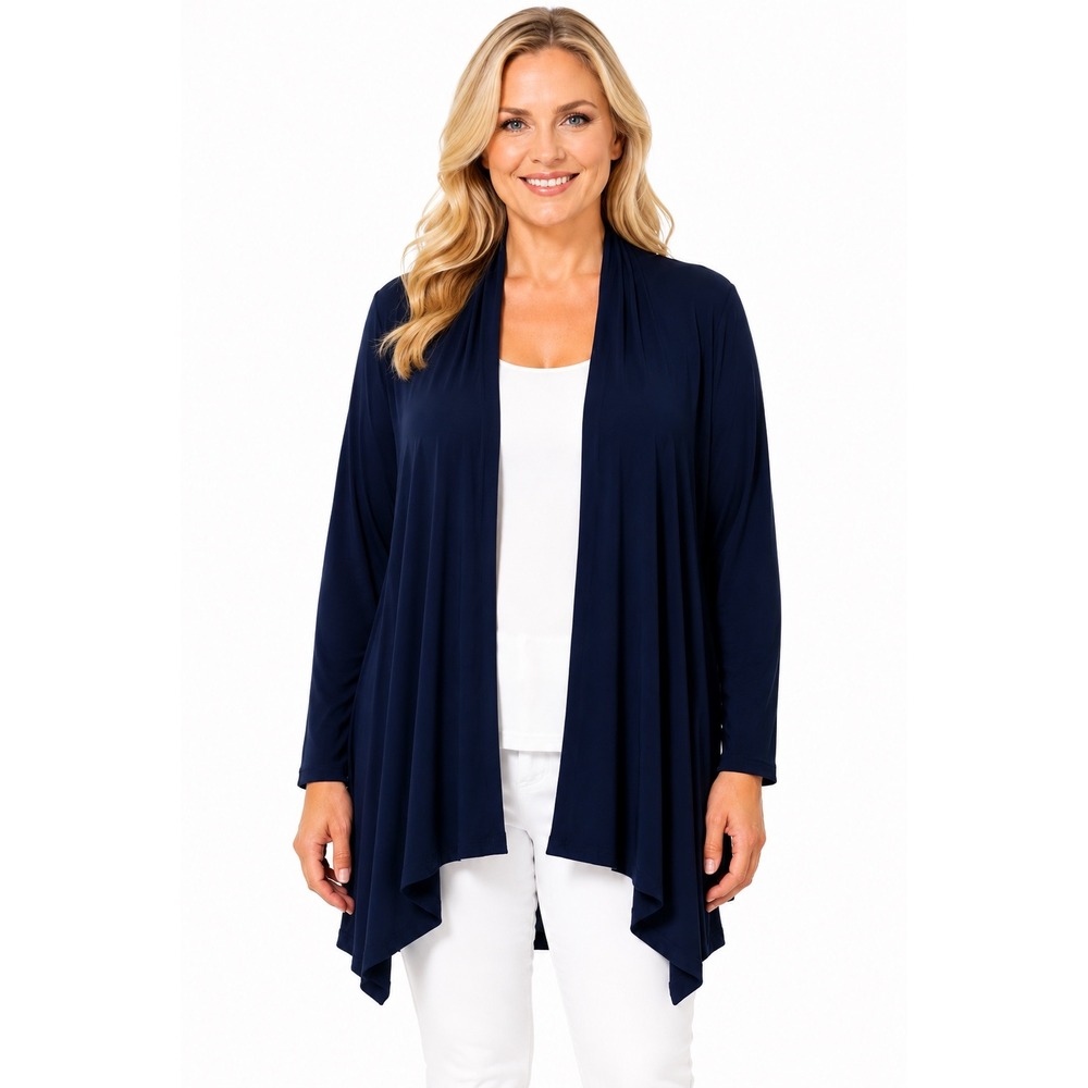 Clara Sun Woo Navy Blue Open Front Draped Cardigan Travel Slinky Plus Size 1X